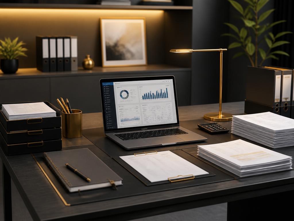Moderner Arbeitsplatz des Buchführungsbüros mit Laptop und Unterlagen